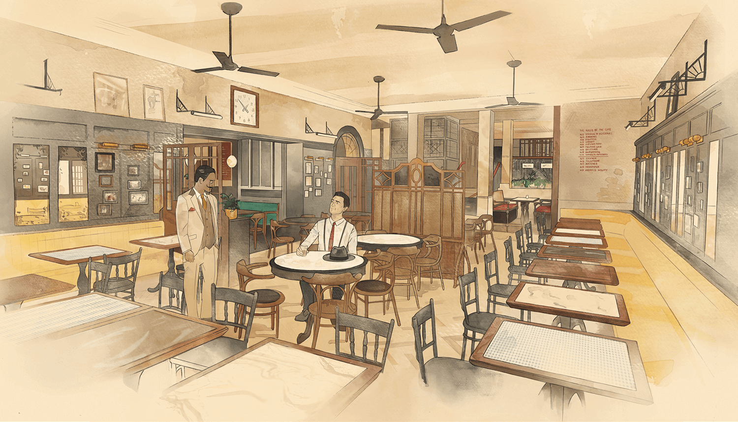Watercolour and digital illustration of Dishoom Restaurant by Edinburgh Illustrator Sheree Walker