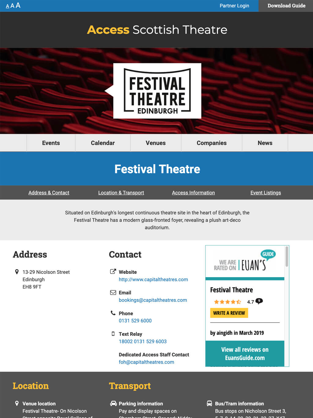 Image showing a venue details page on a tablet device for Access Scottish Theatre website - Accessible web design Scotland