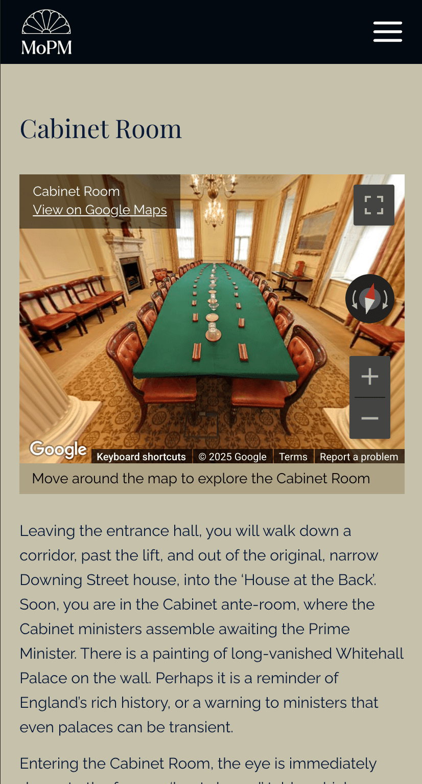 Mobile display of a google maps interaction on the Museum of the Prime Minister website