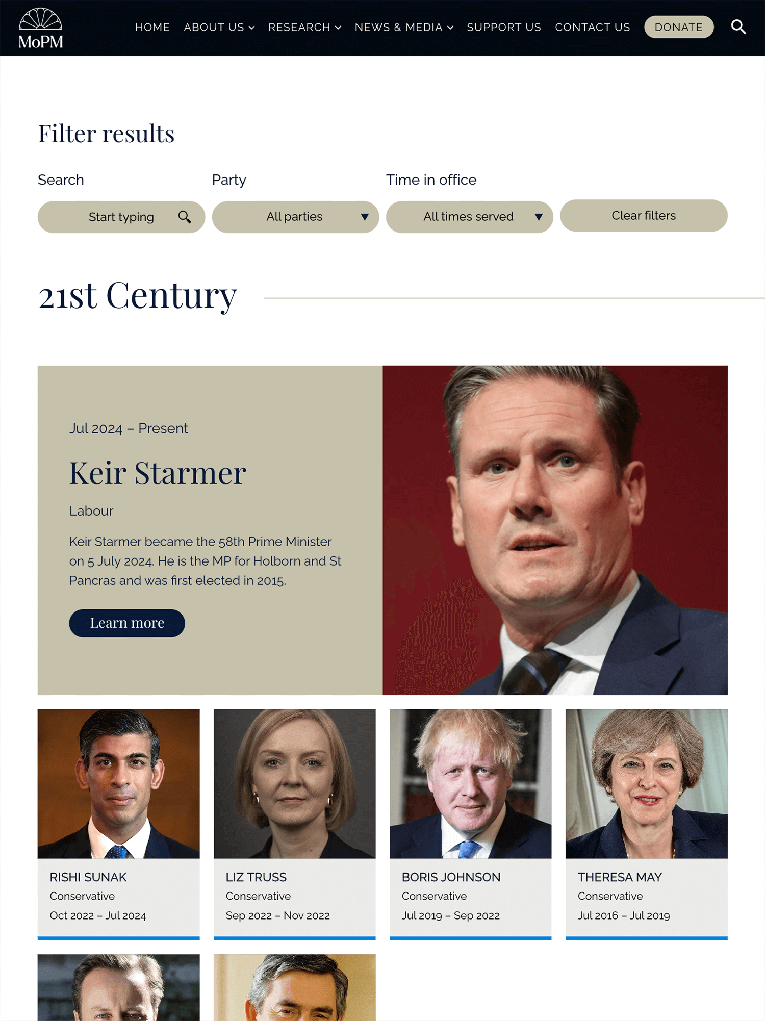 Ipad view of the British Prime Ministers search and filter on the Museum of the Prime Minister website